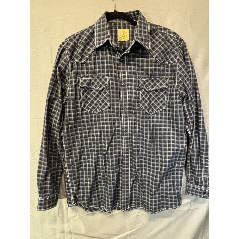 GC Blue Mens Vintage Collection Plaid Western Shirt Black Blue Pearl Snap‎ Large